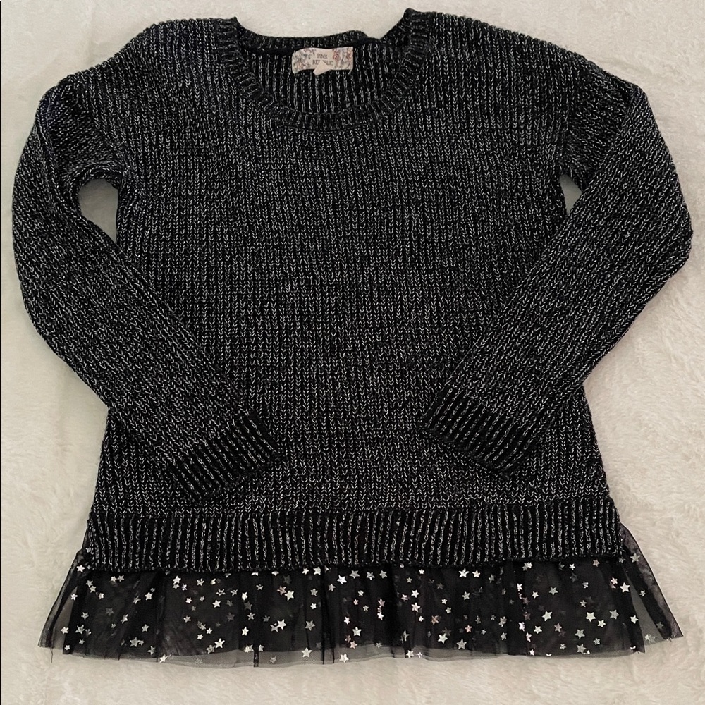 Black Knit Sweater with Star Tulle Hemline SZ L  14